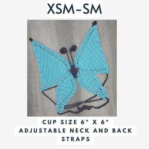 Handmade Crochet Butterfly Crop‎ Top  – Green & dark gray – Festival Fit - Picture 2 of 6